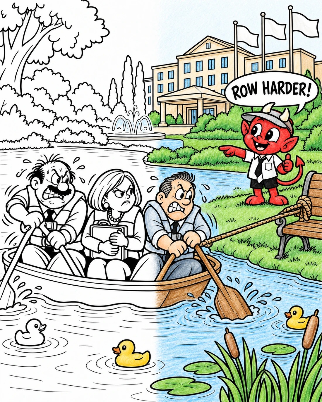 The corporate retreat: half colored, half black-and-white line art