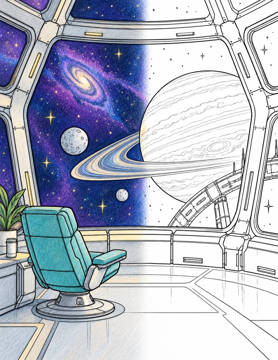 Observation lounge: half colored, half black-and-white line art